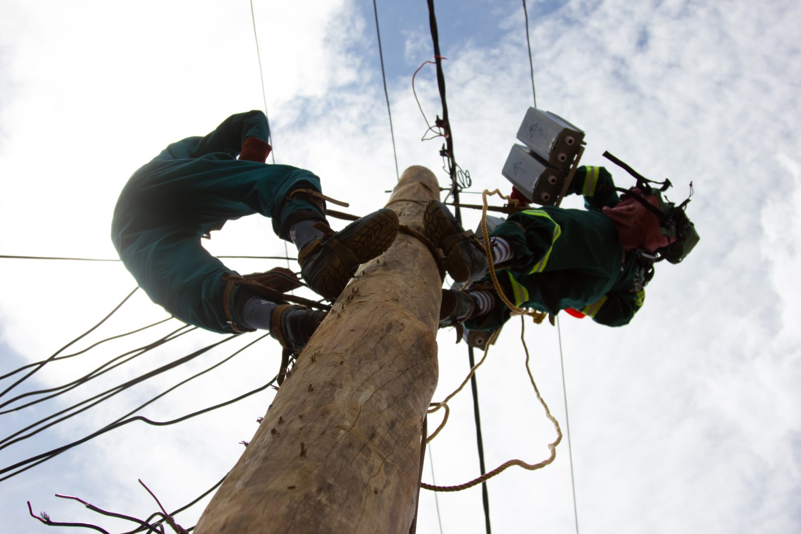 Workers climb a telephone pole to fix something